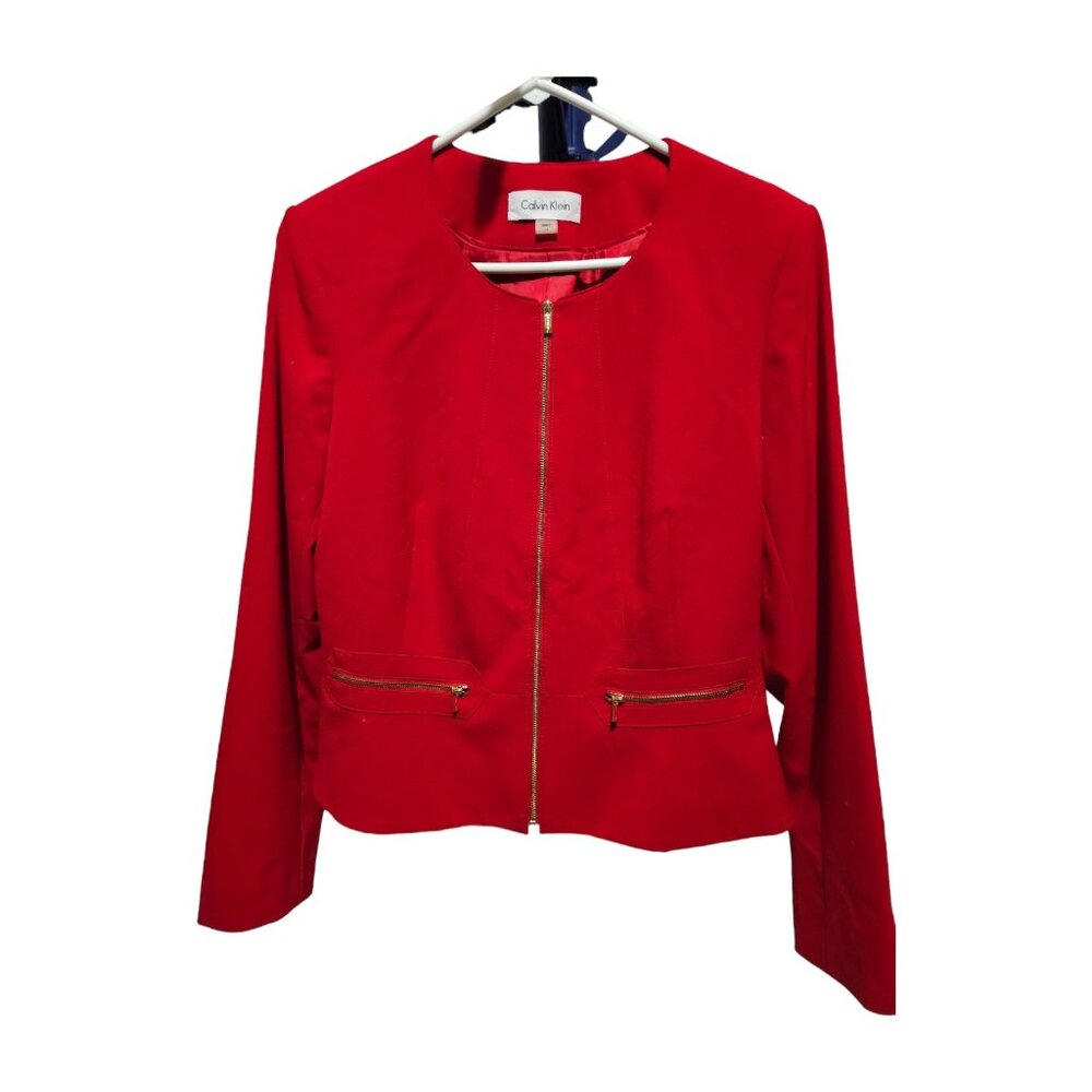 CALVIN KLEIN Red Fitted Collarless Peplum Blazer with gold hardware. Size 14.